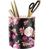 WAVEYU Pen Holder for Desk, Pencil Cup Holder for Desk, Cute Floral Makeup Brush Holder Durable Ceramic Flower Design Desk Pencil Organizer for Office, Classroom, Black